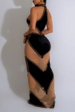 Black Sexy Patchwork Bronzing See-through Halter Long Dress Dresses