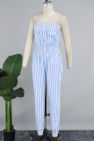 Blue Sexy Casual Striped Print Backless Strapless Skinny Jumpsuits