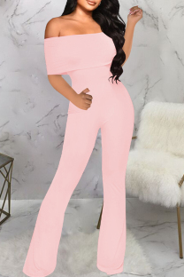 Pink Sexy Solid Patchwork Off the Shoulder Boot Cut Jumpsuits