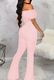 Pink Sexy Solid Patchwork Off the Shoulder Boot Cut Jumpsuits