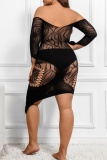 Black Sexy Living Solid Hollowed Out See-through Backless Plus Size Sleepwear