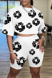 Black Casual Print Basic O Neck Half Sleeve Two Pieces