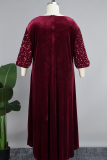 Red Casual Solid Sequins Patchwork V Neck Long Sleeve Plus Size Dresses