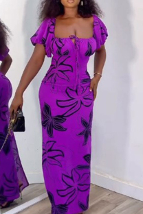Purple Sweet Print Patchwork Draw String Zipper Square Collar Printed Dress Dresses