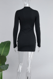Black Casual Patchwork Hot Drill Zipper Collar Long Sleeve Dresses