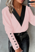 Pink Casual Solid Patchwork V Neck Tops