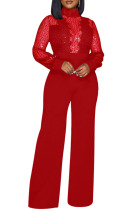 Red Sexy Casual Patchwork See-through Turtleneck Regular Jumpsuits