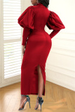 Red Casual Solid Basic Turtleneck Long Sleeve Dresses