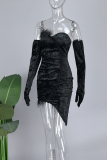 White Street Solid Patchwork Feathers Zipper Strapless Wrapped Skirt Dresses（Wear Gloves）