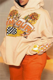 Apricot Casual Print Basic Hooded Collar Tops