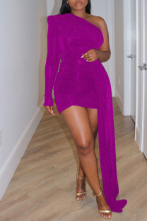 Purple Sexy Solid Patchwork Asymmetrical Oblique Collar Pencil Skirt Dresses