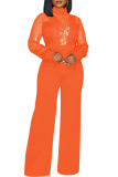Orange Sexy Casual Patchwork See-through Turtleneck Regular Jumpsuits