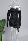 Black Street Solid Patchwork Feathers Zipper Strapless Wrapped Skirt Dresses（Wear Gloves）