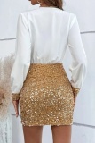 Gold Casual Solid Sequins Patchwork V Neck Long Sleeve Dresses