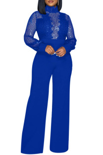 Blue Sexy Casual Patchwork See-through Turtleneck Regular Jumpsuits