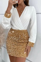 Gold Casual Solid Sequins Patchwork V Neck Long Sleeve Dresses