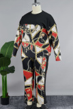 Red Street Print Patchwork Pocket O Neck Plus Size Two Pieces