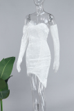 White Street Solid Patchwork Feathers Zipper Strapless Wrapped Skirt Dresses（Wear Gloves）