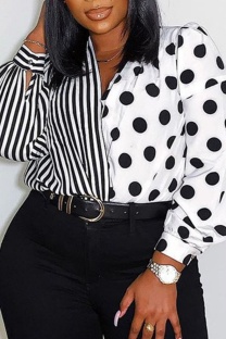 Black White Casual Print Patchwork V Neck Plus Size Tops