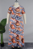 Orange Casual Print Basic O Neck Short Sleeve Dress Plus Size Dresses