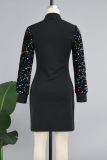 Red Casual Patchwork Hollowed Out Sequins Half A Turtleneck Long Sleeve Dresses
