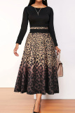Black Casual Print Leopard Patchwork O Neck Plus Size Long Sleeve Dresses