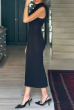 Black Sexy Simplicity Solid Patchwork Half A Turtleneck Sleeveless Dress Dresses