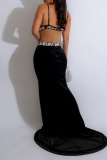 Black Sexy Formal Patchwork See-through Backless Spaghetti Strap Long Dress Dresses