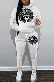 White Black Casual Print Basic Hooded Collar Long Sleeve Two Pieces