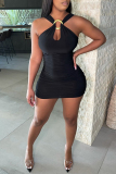 Black Sexy Casual Solid Hollowed Out Backless V Neck Sleeveless Dress Dresses