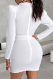 White Casual Solid Patchwork V Neck Long Sleeve Dresses