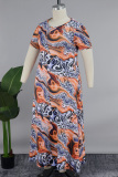 Orange Casual Print Basic O Neck Short Sleeve Dress Plus Size Dresses