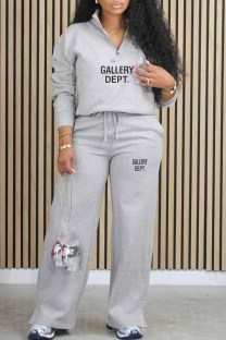Grey Casual Print Letter Zipper Collar Long Sleeve Two Pieces