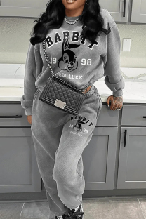 Light Gray Casual Character Patchwork O Neck Long Sleeve Two Pieces