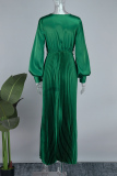 Green Elegant Solid Patchwork Pleated V Neck A Line Dresses