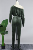 Green Sweet Solid Bandage Patchwork Oblique Collar Loose Jumpsuits