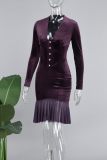 Purple Sexy Solid Patchwork Buckle Flounce Asymmetrical Collar Long Sleeve Dresses