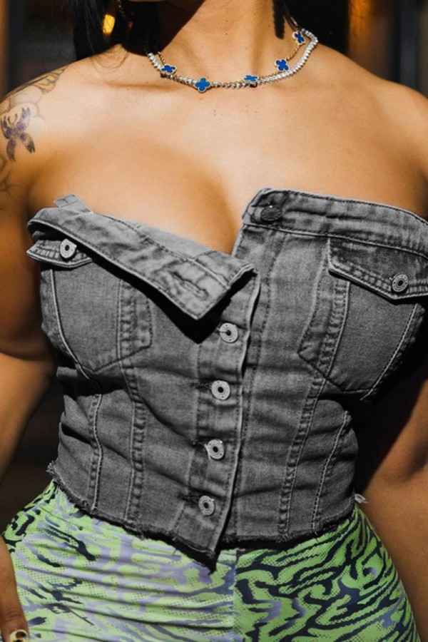 Black Sexy Casual Solid Backless Strapless Sleeveless Skinny Denim