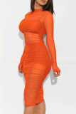 Orange Fashion Sexy Solid See-through O Neck Long Sleeve Three-piece Set