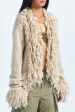 Apricot Casual Solid Tassel Cardigan Outerwear
