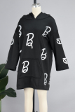 Black Casual Print Patchwork Pocket Hooded Collar Long Sleeve Dresses