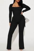 Black Casual Solid Draw String Frenulum Square Collar Long Sleeve Two Pieces