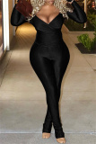 Black Casual Solid Basic V Neck Long Sleeve Two Pieces