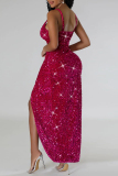 Rose Red Sexy Patchwork Sequins Backless Slit Spaghetti Strap Long Dress Dresses