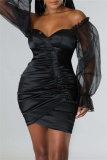 Black Sexy Solid Backless Off the Shoulder Long Sleeve Dresses