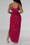 Rose Red Sexy Patchwork Sequins Backless Slit Spaghetti Strap Long Dress Dresses