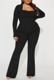 Black Casual Solid Draw String Frenulum Square Collar Long Sleeve Two Pieces