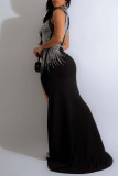 Black Sexy Party Elegant Formal Patchwork Slit Mesh Hot Drill Half A Turtleneck Asymmetrical Dresses