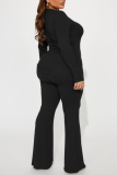 Black Casual Solid Draw String Frenulum Square Collar Long Sleeve Two Pieces