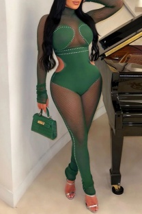 Green Sexy Patchwork Hollowed Out See-through Turtleneck Skinny Jumpsuits